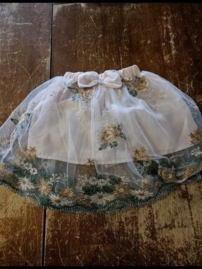 Girls Floral Embroidered Tulle Skirt with Bow - White
